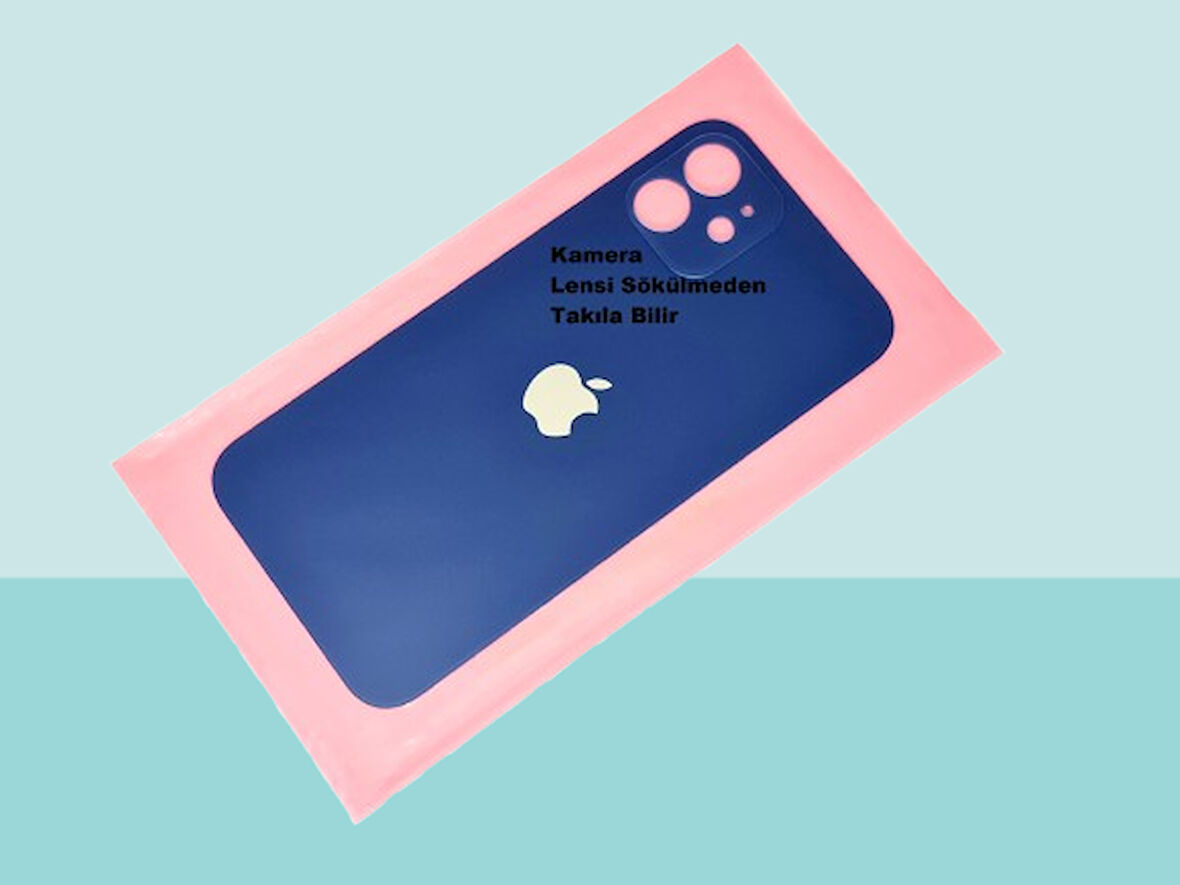 Tkgz - iPhone 12 Arka Pil Batarya Kapağı - Cam kapak Geniş Lens Deliği - Lacivert