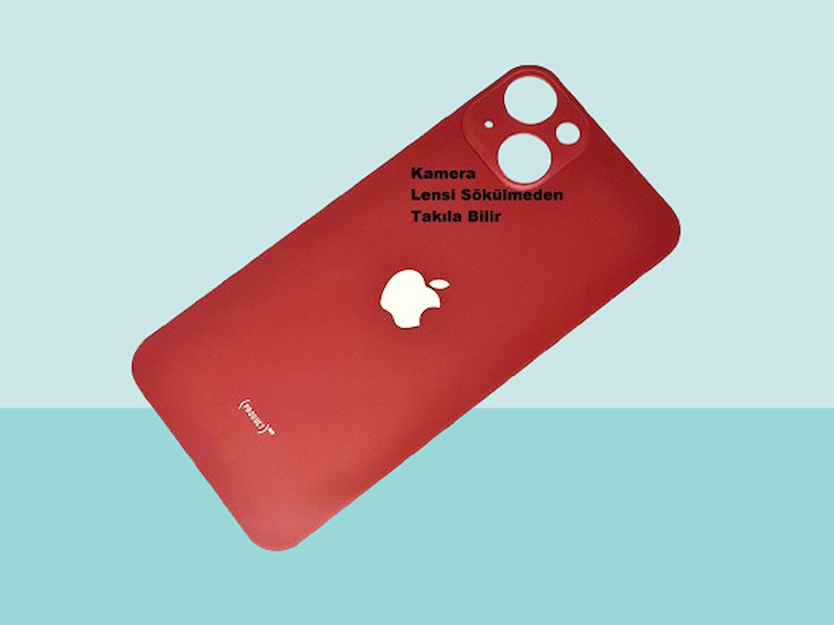 Tkgz - iPhone 13 Arka Pil Batarya Kapağı - Cam kapak Geniş Lens Deliği - KIRMIZI