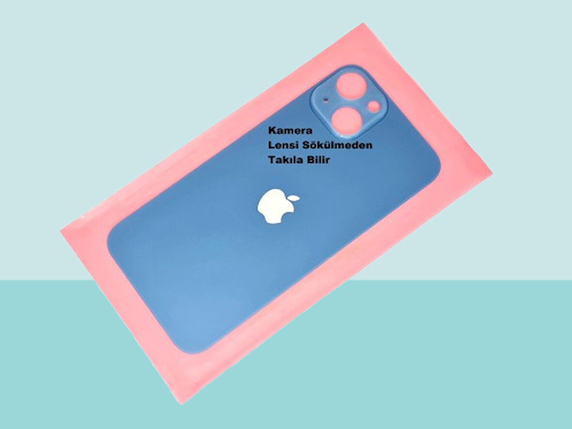 Tkgz - iPhone 13 Arka Pil Batarya Kapağı - Cam kapak Geniş Lens Deliği - MAVİ