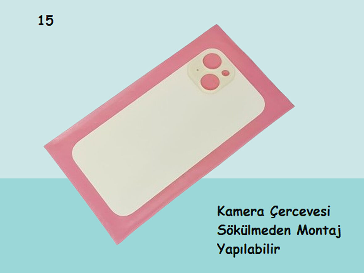 Tkgz - iPhone 15 Arka Pil Batarya Kapağı - Cam kapak Geniş Lens Deliği - BEYAZ