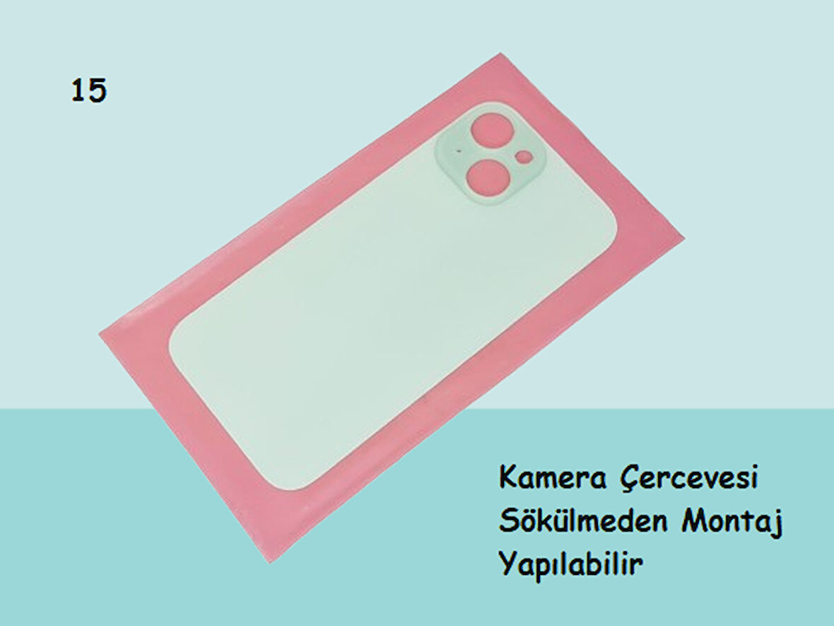 Tkgz - iPhone 15 Arka Pil Batarya Kapağı - Cam kapak Geniş Lens Deliği - YEŞİL