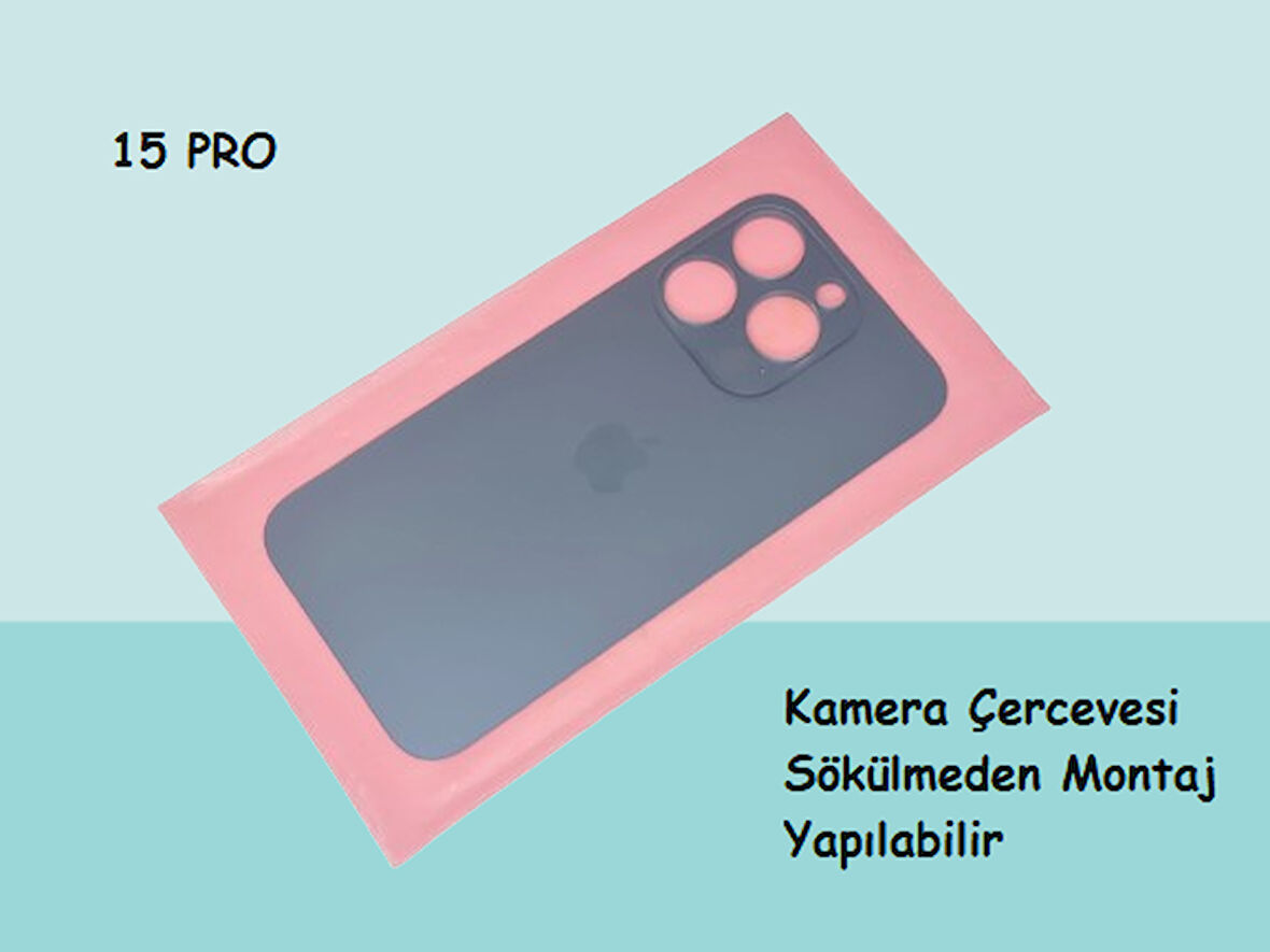 Tkgz - iPhone 15 PRO Arka Pil Batarya Kapağı - Cam kapak Geniş Lens Deliği - MAVİ