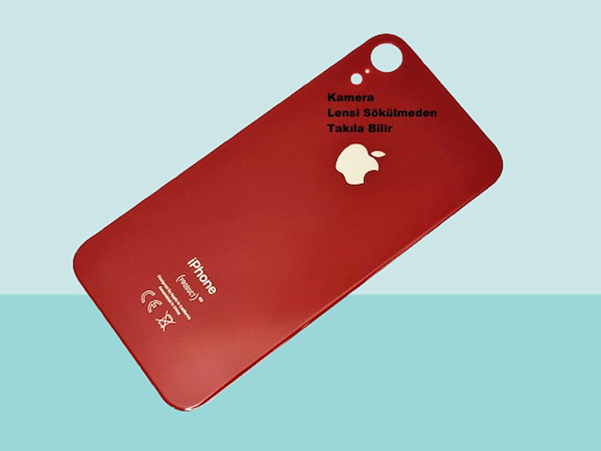 Tkgz - iPhone XR Arka Pil Batarya Kapağı - Cam kapak Geniş Lens Deliği - KIRMIZI