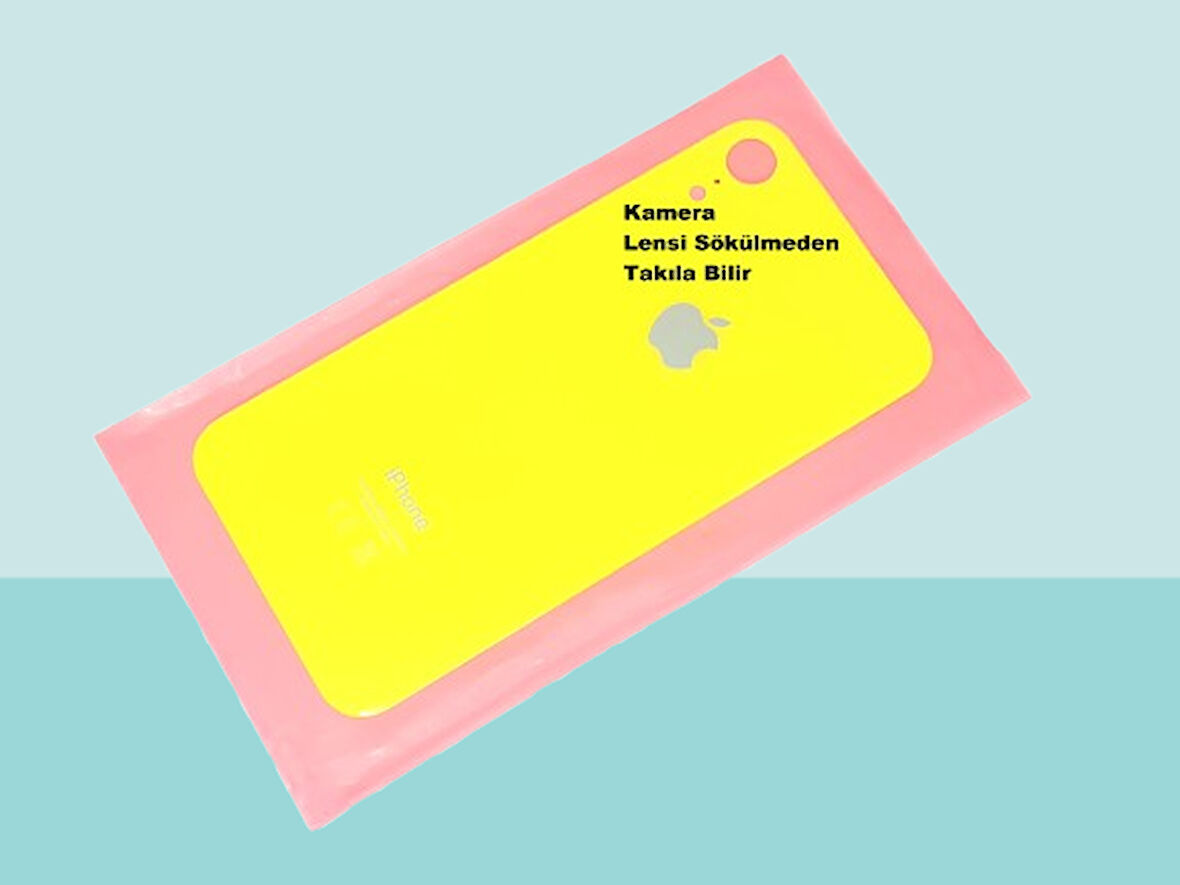 Tkgz - iPhone XR Arka Pil Batarya Kapağı - Cam kapak Geniş Lens Deliği - SARI