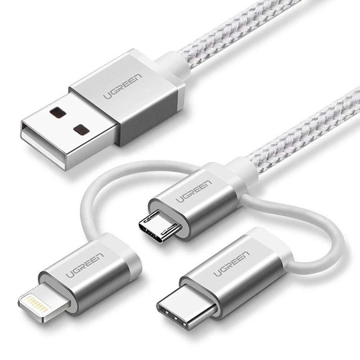 Ugreen 3'ü 1 Arada Örgülü iPhone Type-C Micro USB Şarj Kablosu Silver 1.5 Metre