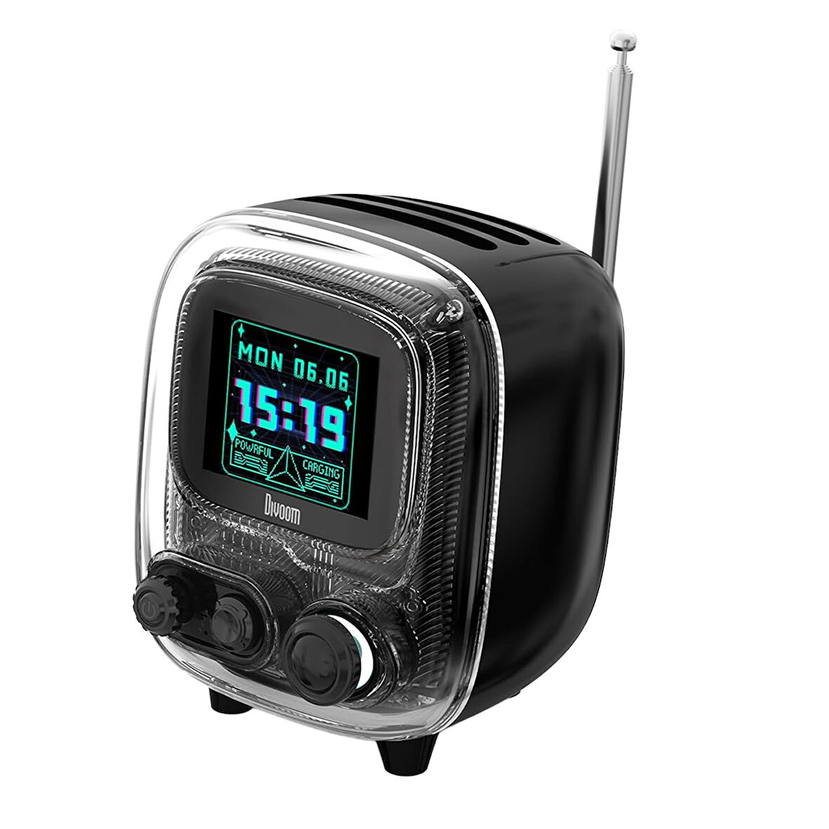 Divoom Tiivoo-2 FM Radyolu Mini Bluetooth Hoparlör, Kablosuz Piksel Ekranlı Retro Taşınabilir Ses Bombası, Siyah