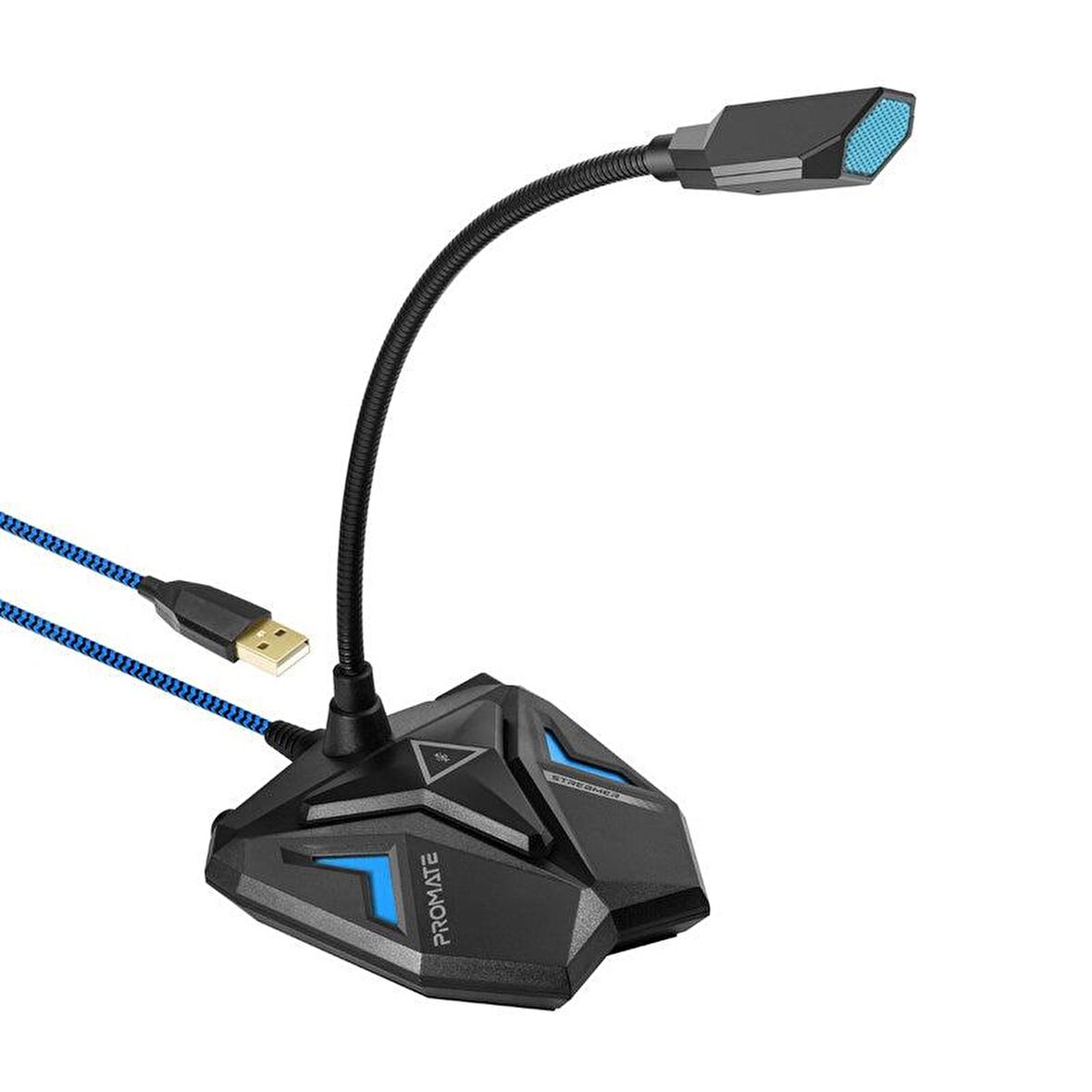 Promate Streamer Mikrofon Oyun Tip USB Girişli Profesyonel HD Esnek LED Işıklı Kayıt İçin Uygun Mikrofon Mavi