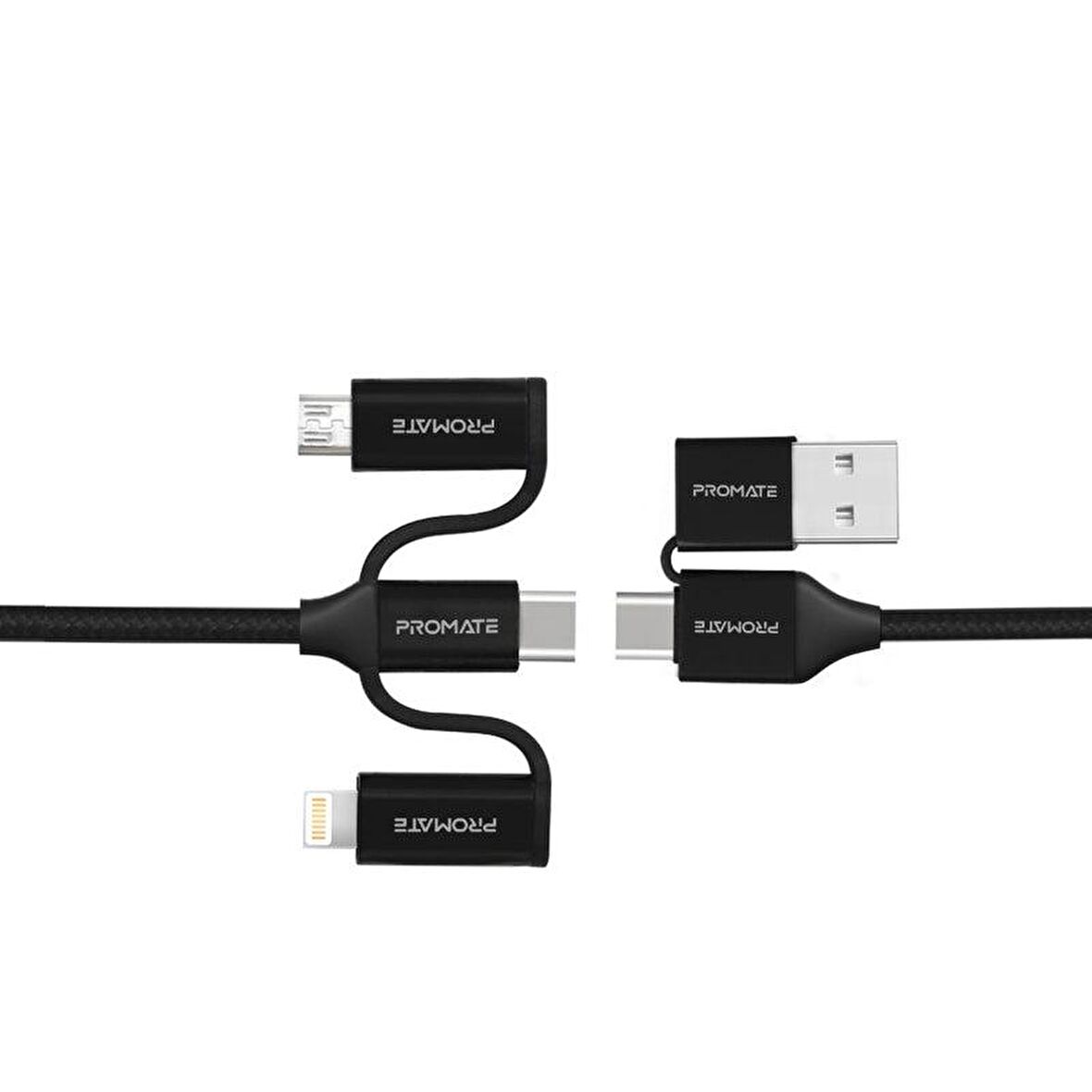 Promate PentaPower 6in1 60W Hızlı Şarj ve Data Kablosu Çok Uçlu Universal Lightning, Type-C, Micro USB, USB Kablo Siyah