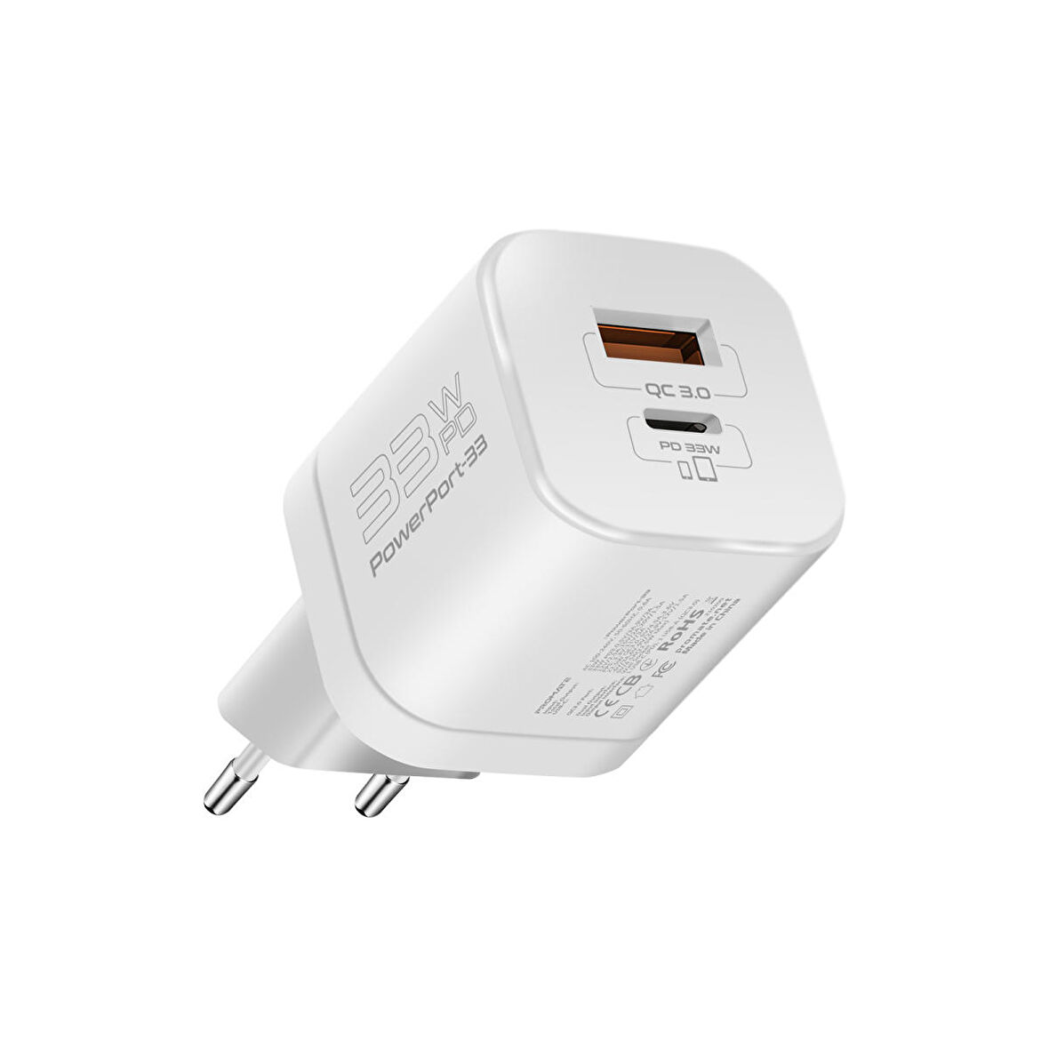 Promate PowerPort-33 Gan 33W Qualcomm Süper Hızlı Type-C PD , USB Ultra Kompakt Duvar Şarj Cihazı, Aşırı Gerilim Koruması Beyaz