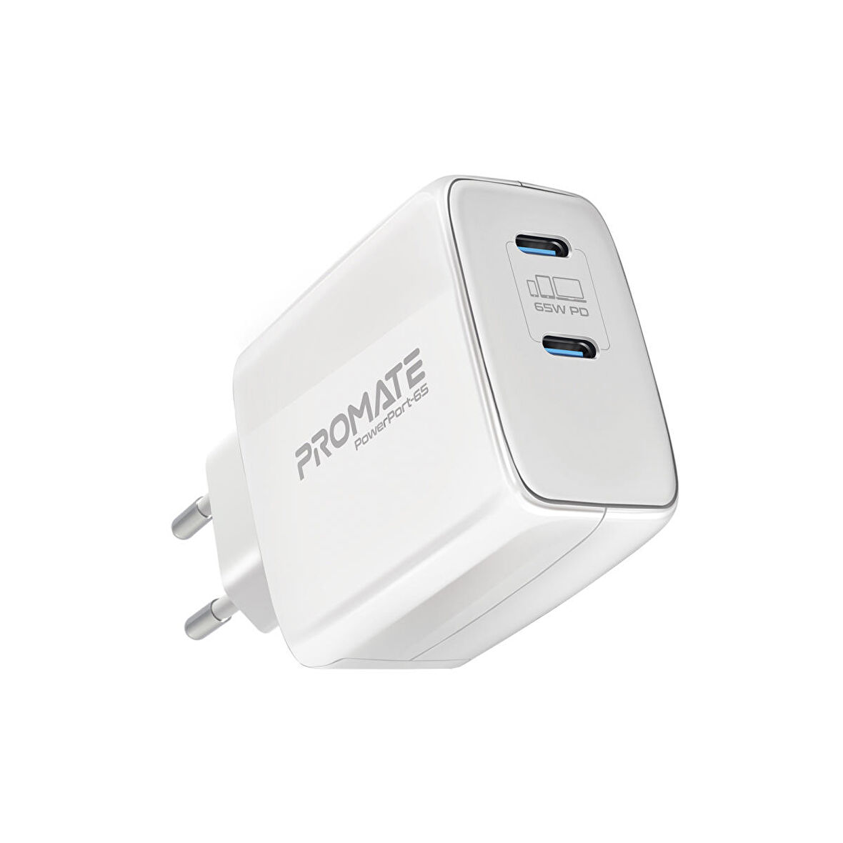 Promate PowerPort-65 GaNFast 65W Süper Hızlı Type-C PD Şarj Cihazı, Tablet, Akıllı Telefon, Notebook Uyumlu Beyaz