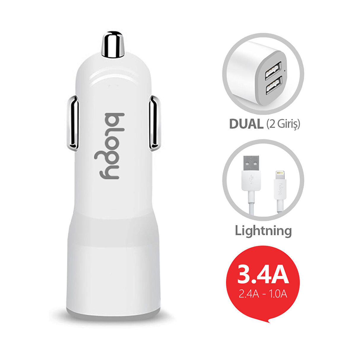 Blogy 3.4A Dual Usb Araç Şarj Seti Lightning