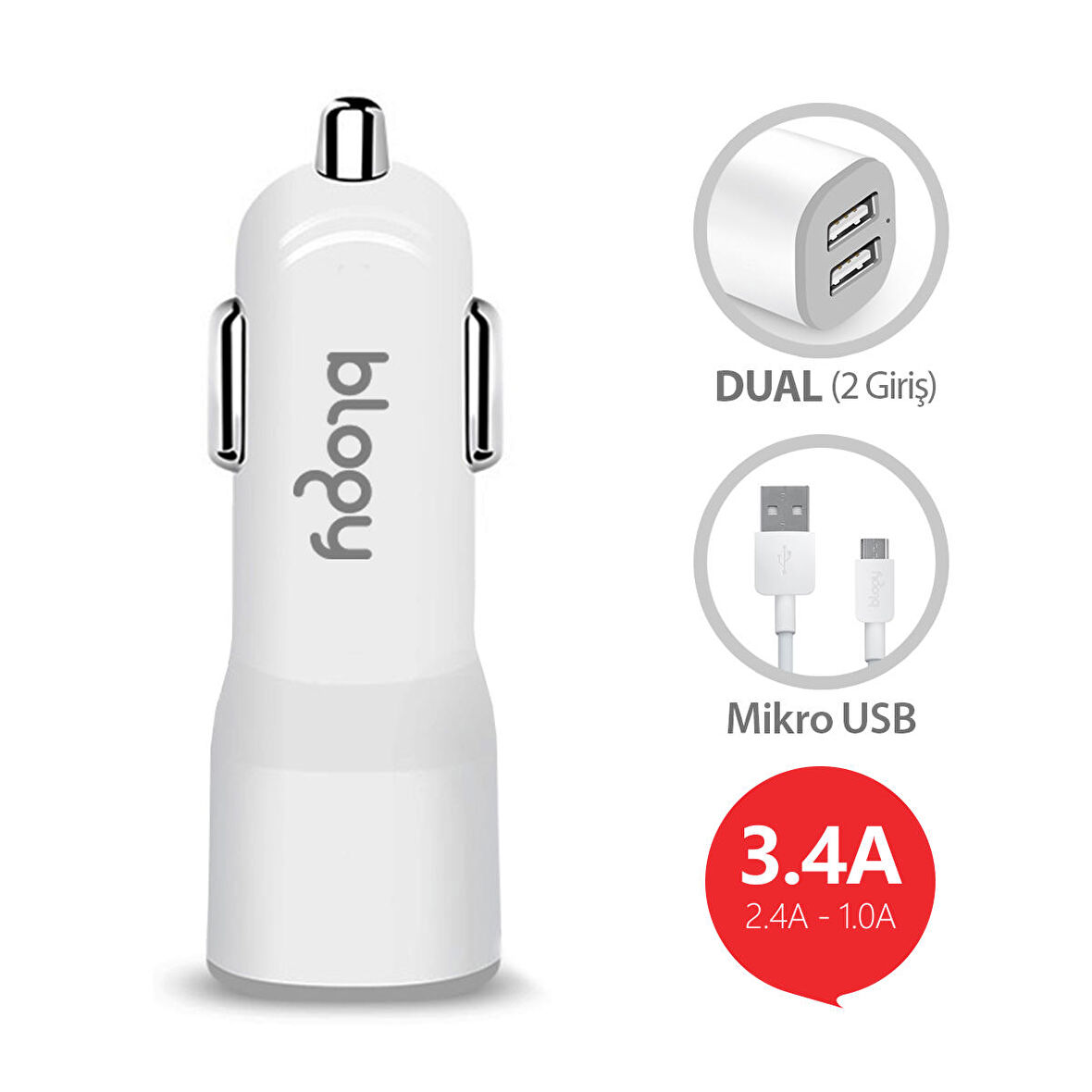 Blogy 3.4A Dual Usb Araç Şarj Seti Micro USB