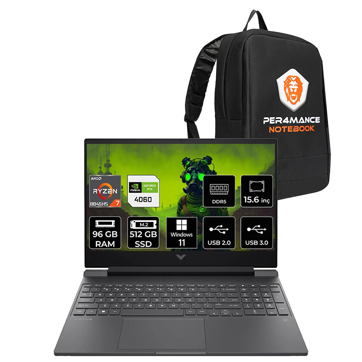 HP Victus 15 R7 8845HS 96GB DDR5 512GB SSD RTX4060/8GB 15.6'' 144Hz W11P Gaming Laptop & PER4 ÇANTA