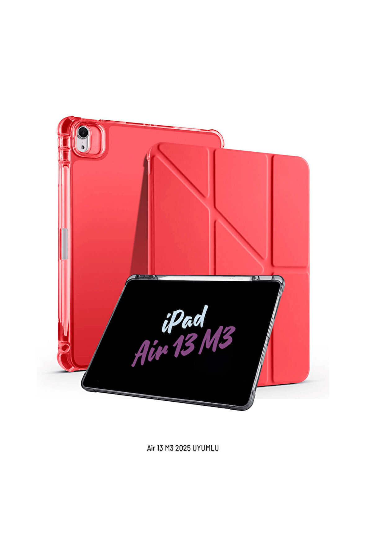 iPad Air 13 inç 2025 M3 Çip Uyumlu Kalem Bölmeli Standlı Akıllı Fuchsia Trifolding Tablet Kılıfı