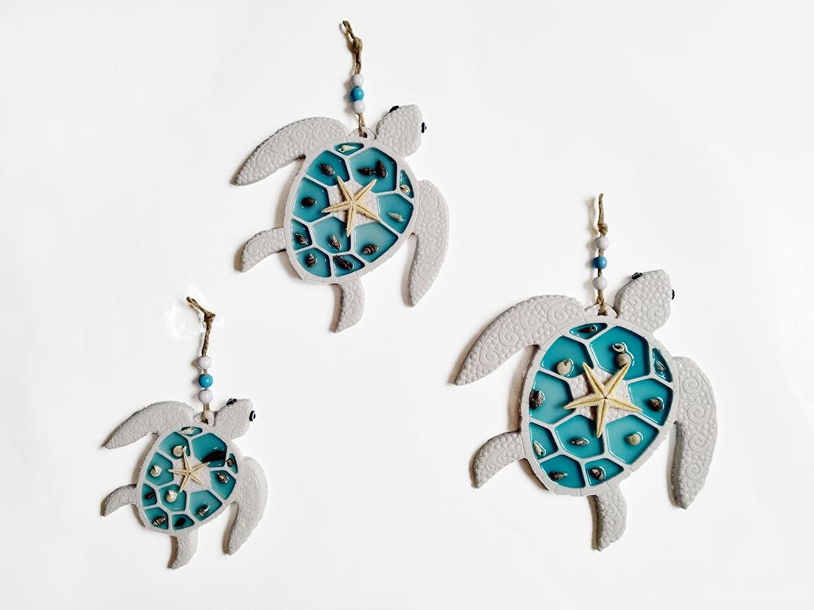 Dekoratif Üçlü Beyaz Deniz Kaplumbağası Duvar Süsü Epoksi Set
