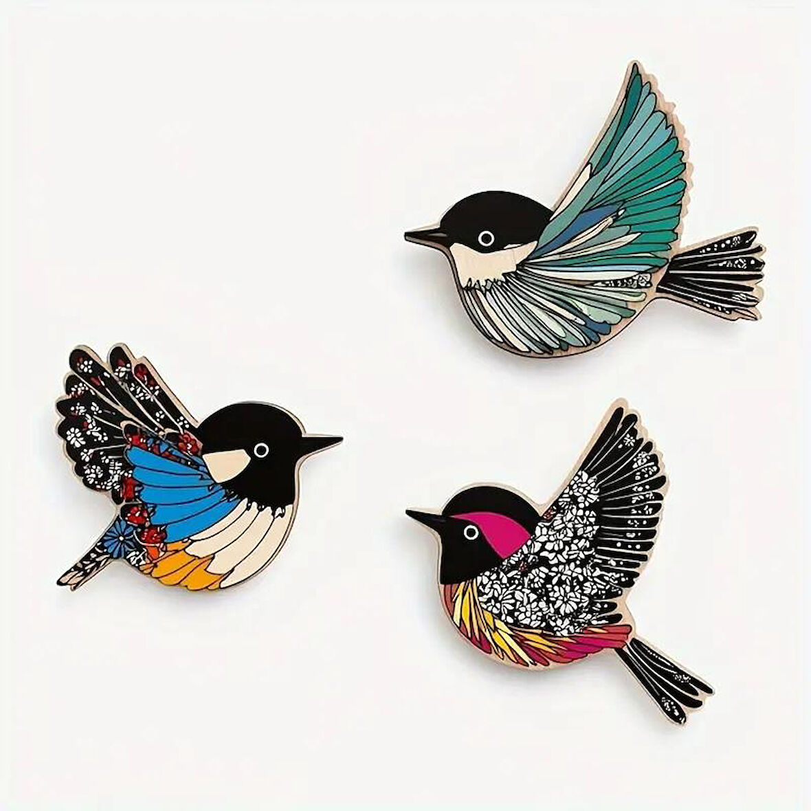 CajuArt Üçlü Ahşap Canlı Renk Kuş Serçe Duvar Dekoru Tablo Süs