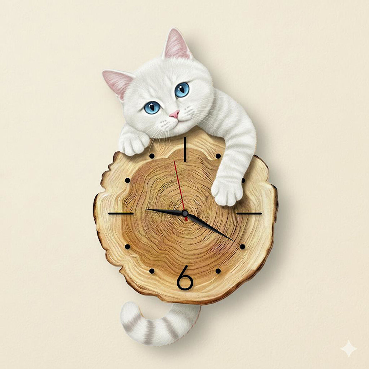 CajuArt Kütük Üzerinden Bakan Beyaz Kedi Tasarımlı Duvar Saati Modern Dekoratif Saat