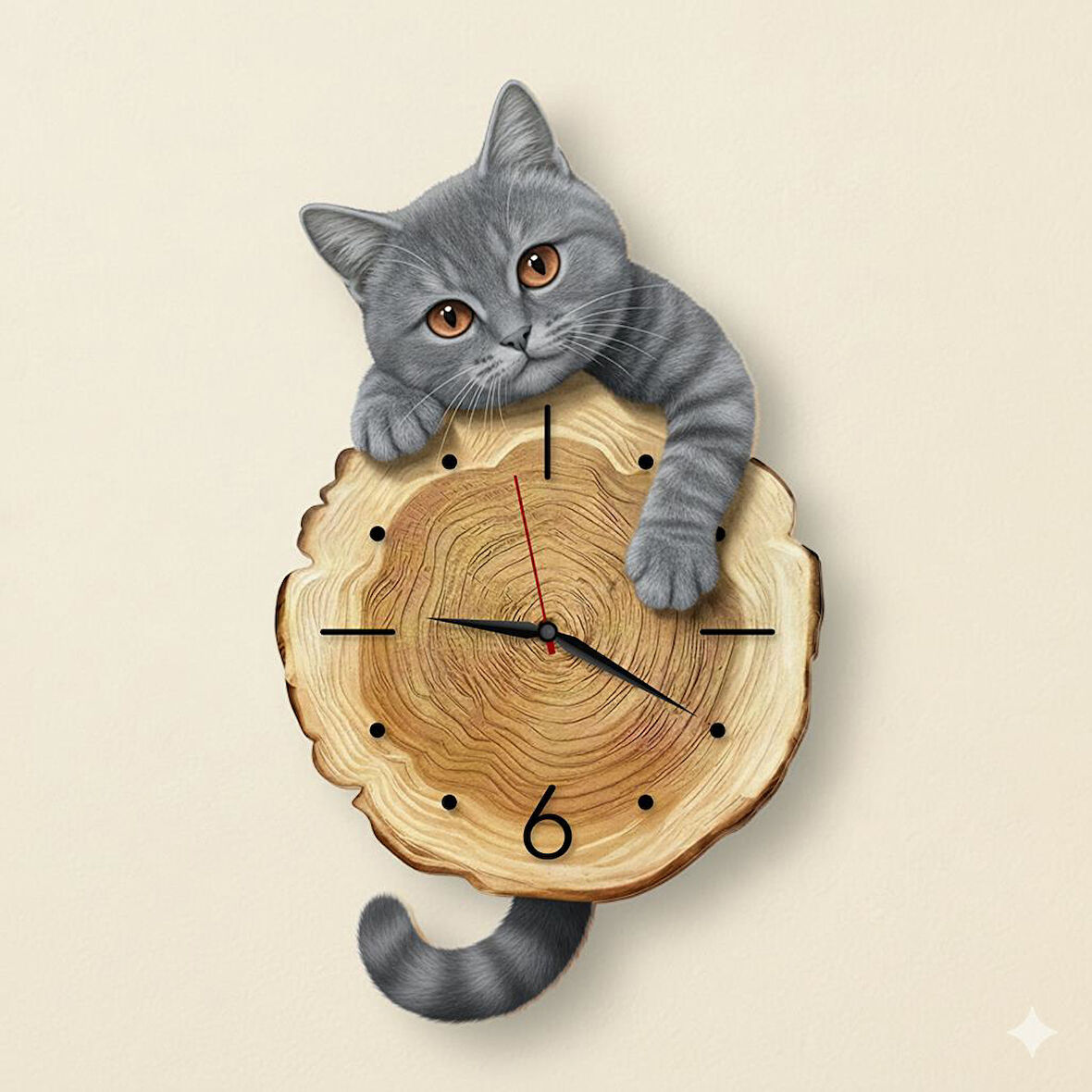CajuArt Kütük Üzerinden Bakan Gri Kedi Tasarımlı Duvar Saati Modern Dekoratif Saat