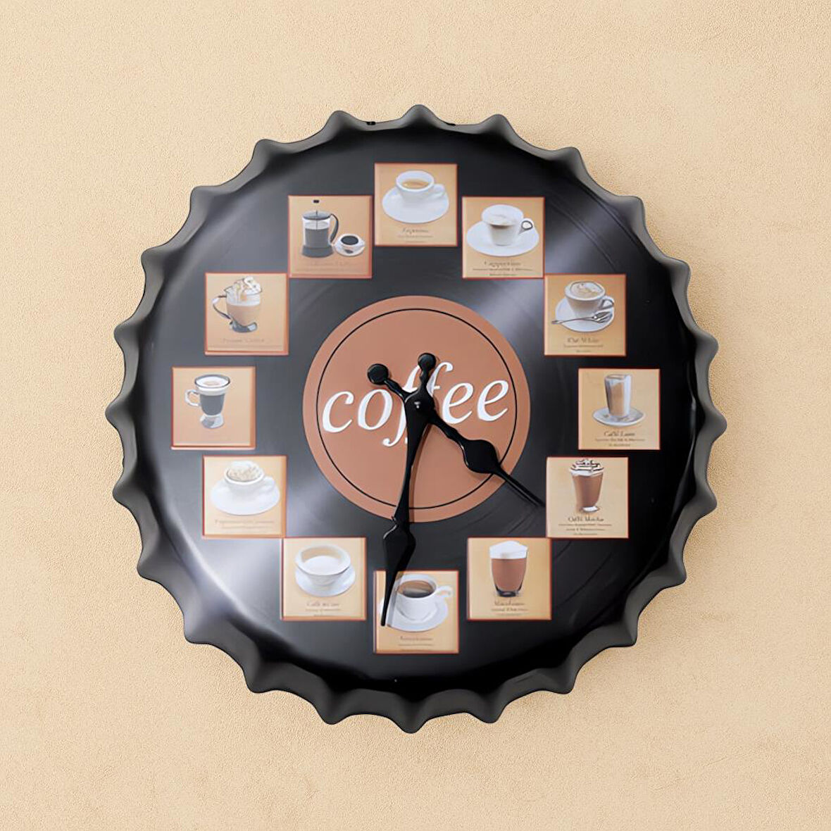 CajuArt Kahve Çeşitleri Metal Kapak Şeklinde Kabartma Duvar Saati