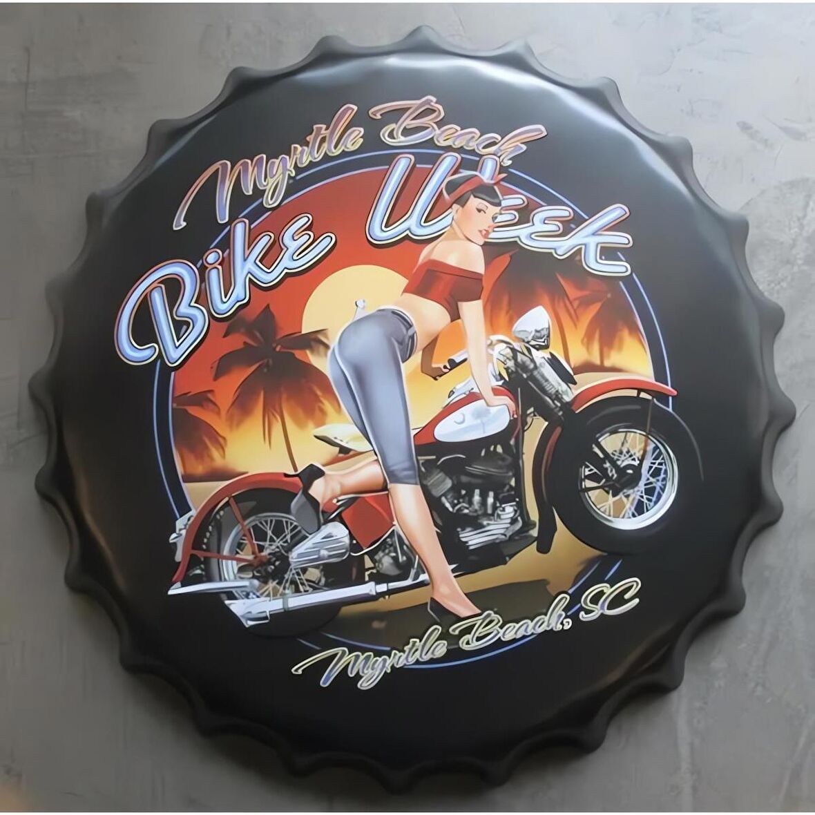 CajuArt Retro 35 cm Kapak Şeklinde Motosiklet Tema Metal Tablo Dekor