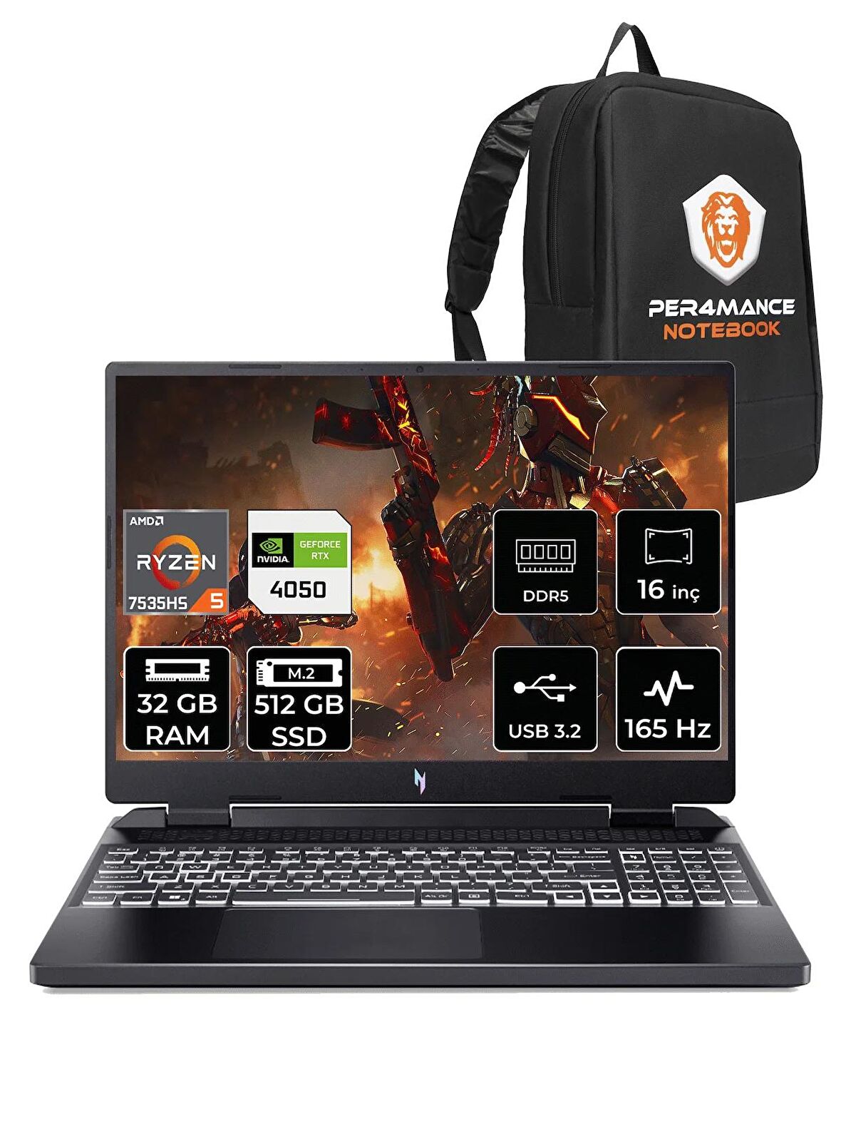 ACER Nitro 16 R5 7535HS 32GB 512GB SSD RTX4050/6GB 165HZ 16'' WUXGA FDOS NH.QKBEY.003 & PER4 ÇANTA