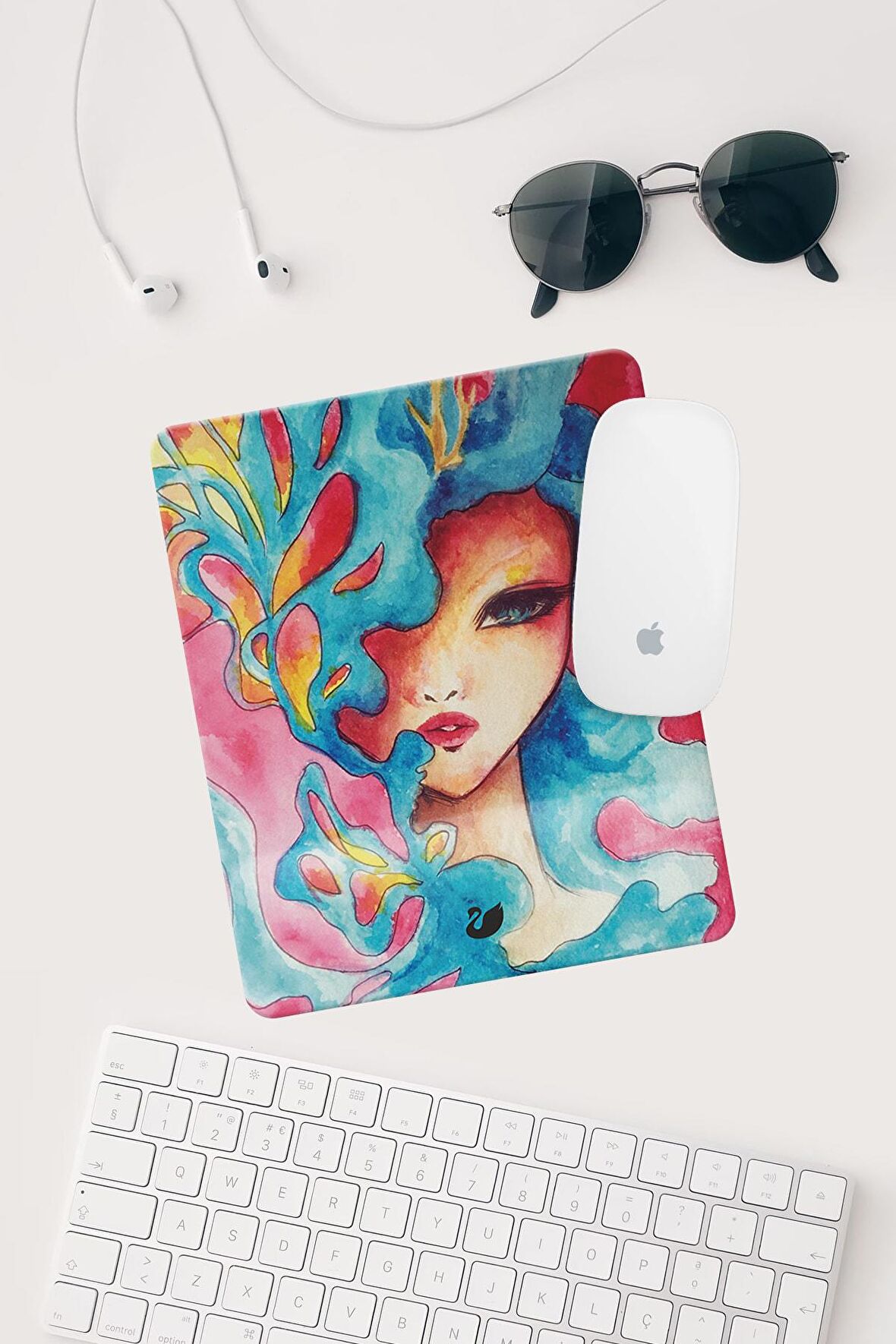 Mavi Saçlı Kız Çizimli Bilek Destekli Dikdörtgen Mouse Pad Mouse Altlığı