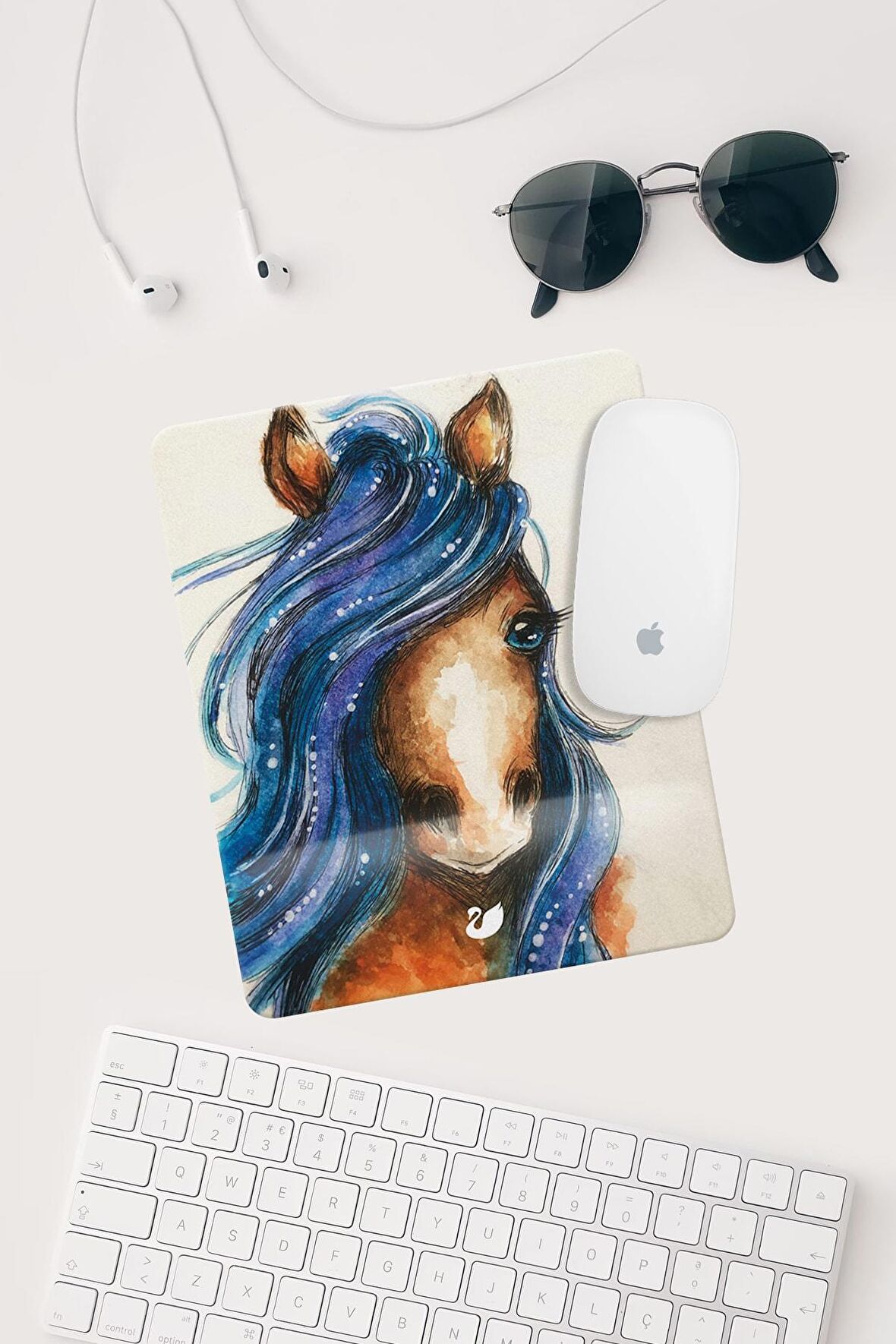 Mavi Yeleli At Çizimli Bilek Destekli Dikdörtgen Mouse Pad Mouse Altlığı