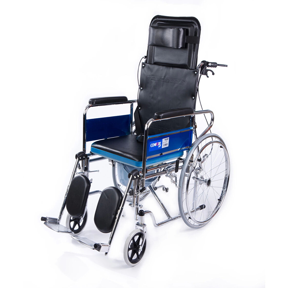 Comfort Plus Tuvaletli Tekerlekli Sandalye | Sırt Yatar, Ayak Kalkar, Nikelaj Kaplama Çelik Şase, Anti Tiper Tekerlekli, DY02609GC