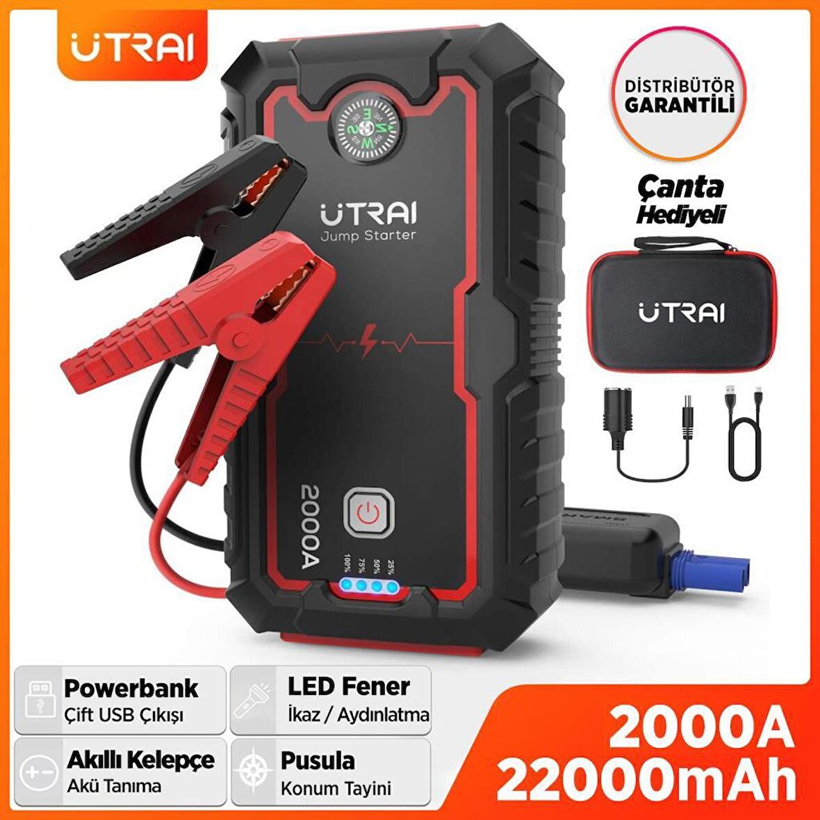 UTRAI Jstar One 22000mAh 2000A Jump Starter Taşınabilir Akü Takviye Cihazı ( Çanta + Pusula + Powerbank + Led Lamba)