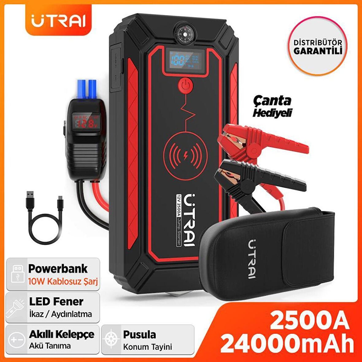 UTRAI Jstar 4 24000 mAh 2500A Jump Starter Taşınabilir Akü Takviye Cihazı ( Kablosuz Şarj + Pusula + Çanta + Led lamba + Powerbank )