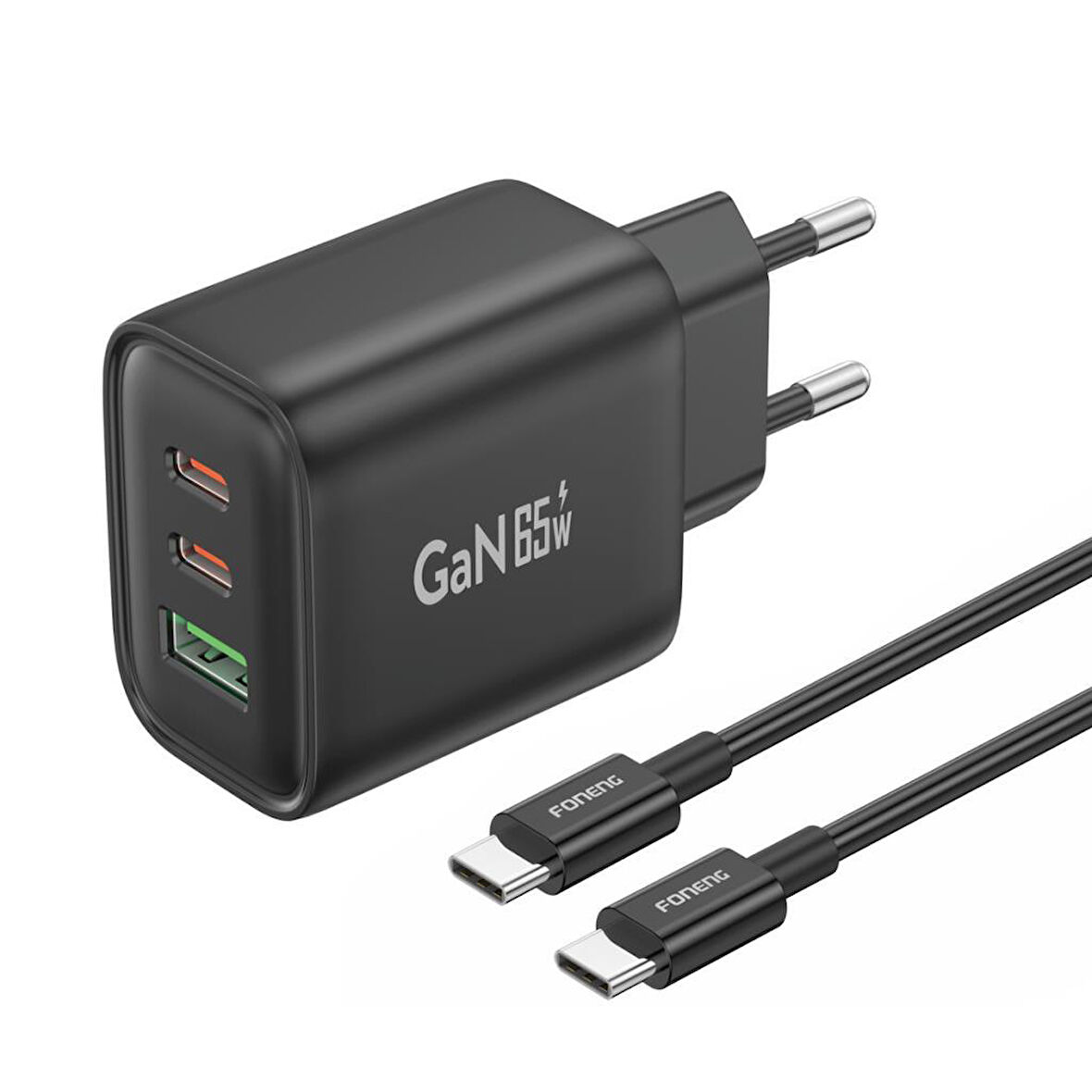 FONENG Gan10 Gan 65w 2xtype-c 1xusb 3 Girişli Hızlı Şarj Adaptörü - Siyah