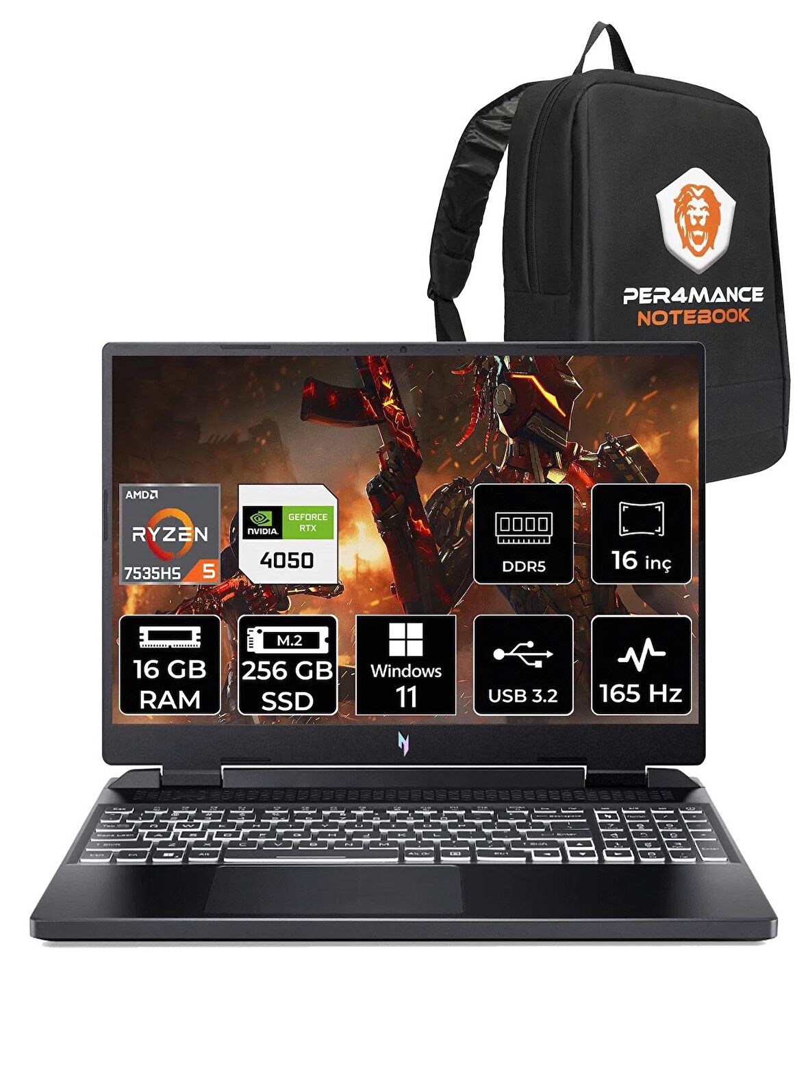 ACER Nitro 16 R5 7535HS 16GB 256GB SSD RTX4050/6GB 165HZ 16'' WUXGA W11H NH.QKBEY.003 & PER4 ÇANTA