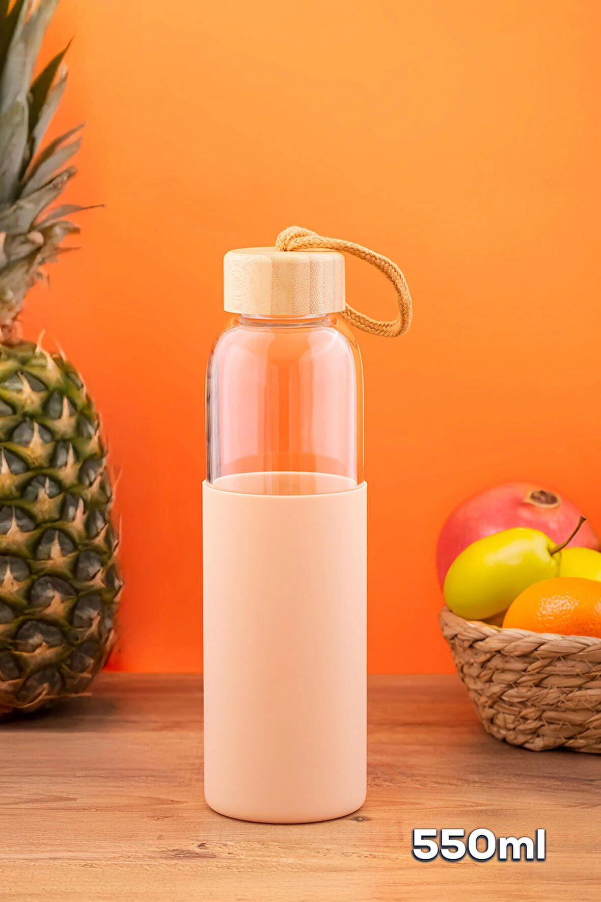 Porsima 2409-1 Matara 550 ml - Bambu Kapaklı Suluk Cappuccino Kılıflı Borasilikat Cam Su Şişesi