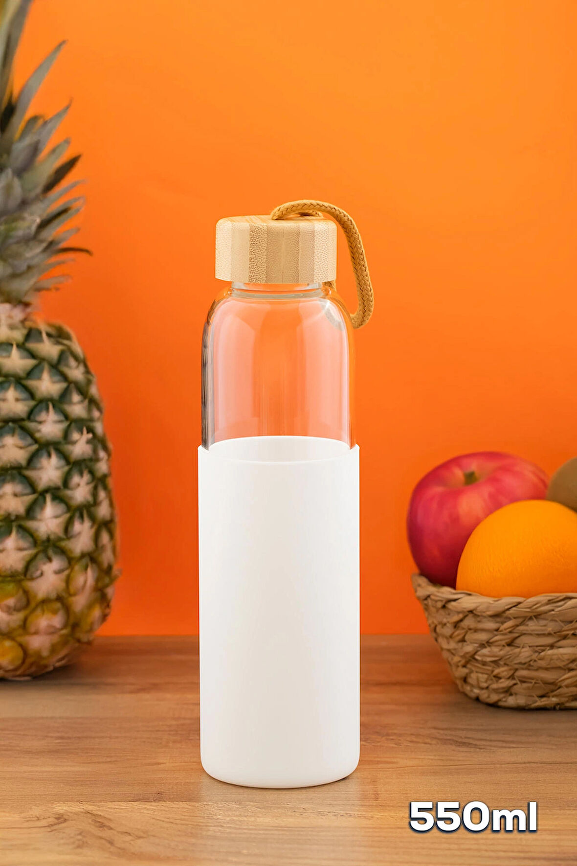 Porsima 2409-4 Matara 550 ml - Bambu Kapaklı Suluk Beyaz Kılıflı Borasilikat Cam Su Şişesi