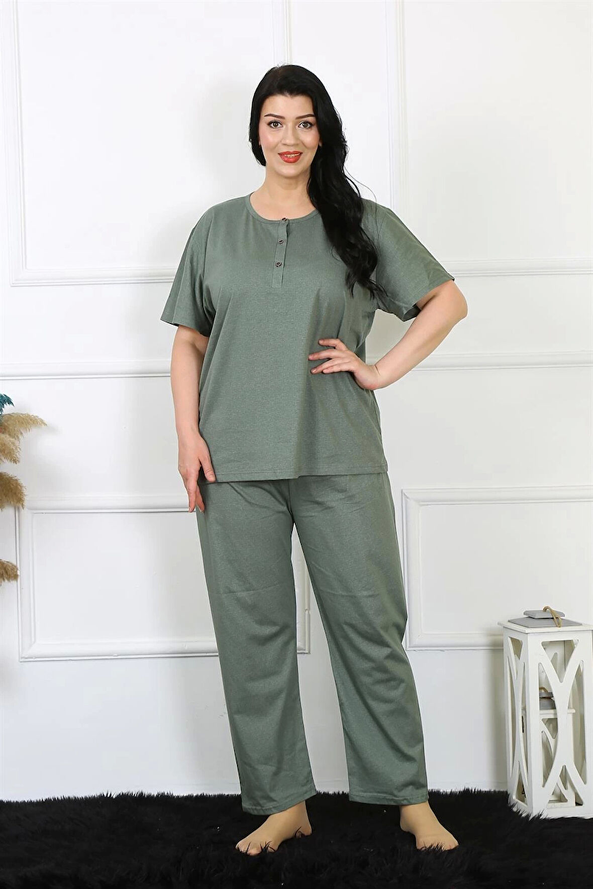 MONOLYA KADIN 5XL-6XL-7XL-8XL BÜYÜK BEDEN YEŞİL KISA KOL PİJAMA TAKIM 75012