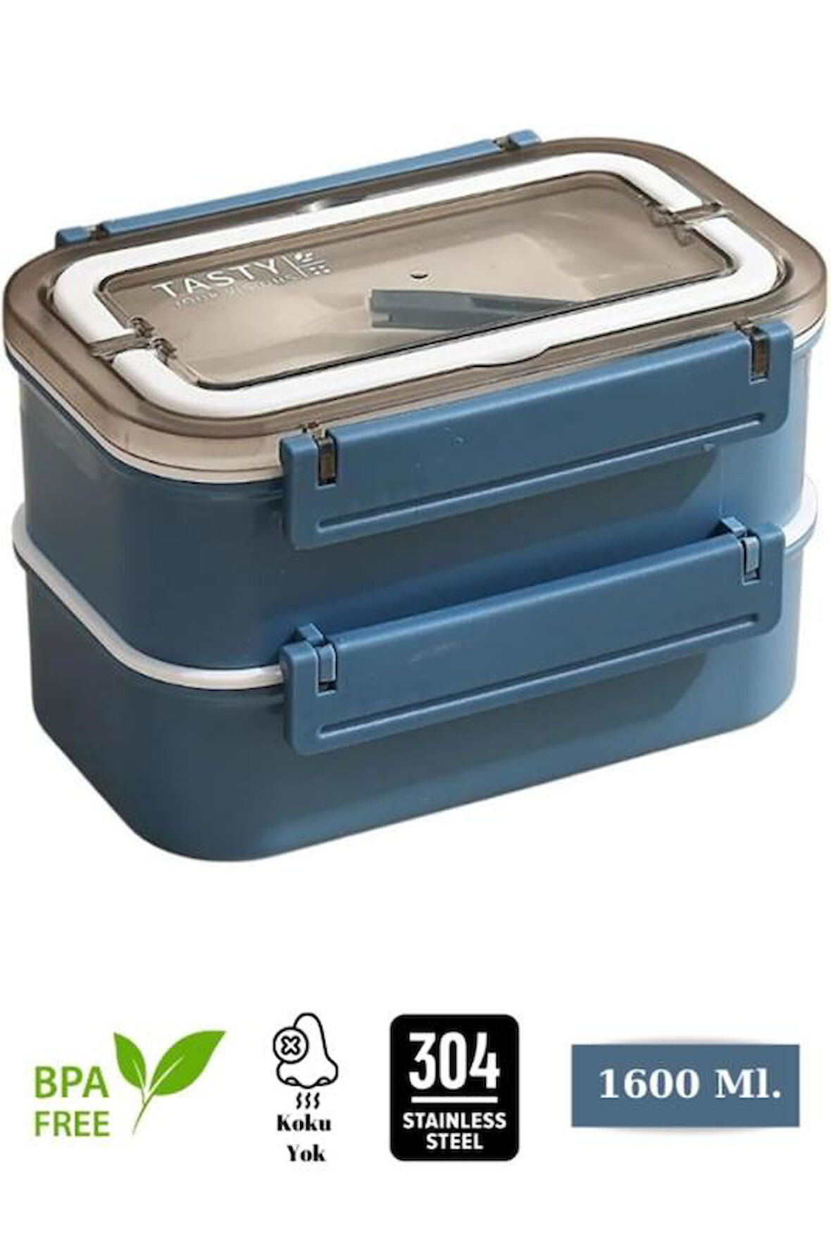 Vagon Tasty Food Storage İki Katlı Paslanmaz Çelik Kolay Kilitlenir Sefer Tası BL-2221 Lacivert – 1600 Ml