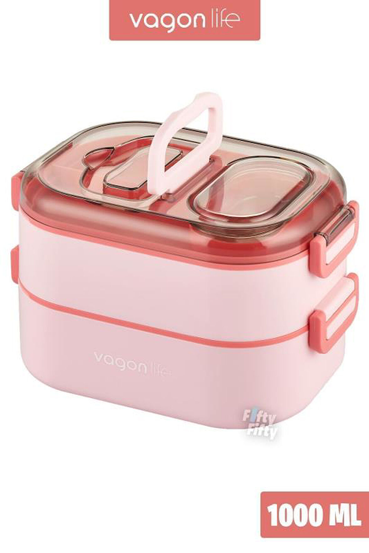 Vagon 1000 ML İki Kat Üç Bölme Paslanmaz Çelik Bento Lunch Box Yeni Nesil Sefer Tası-Sos Kaseli - Pembe - VGN-7081