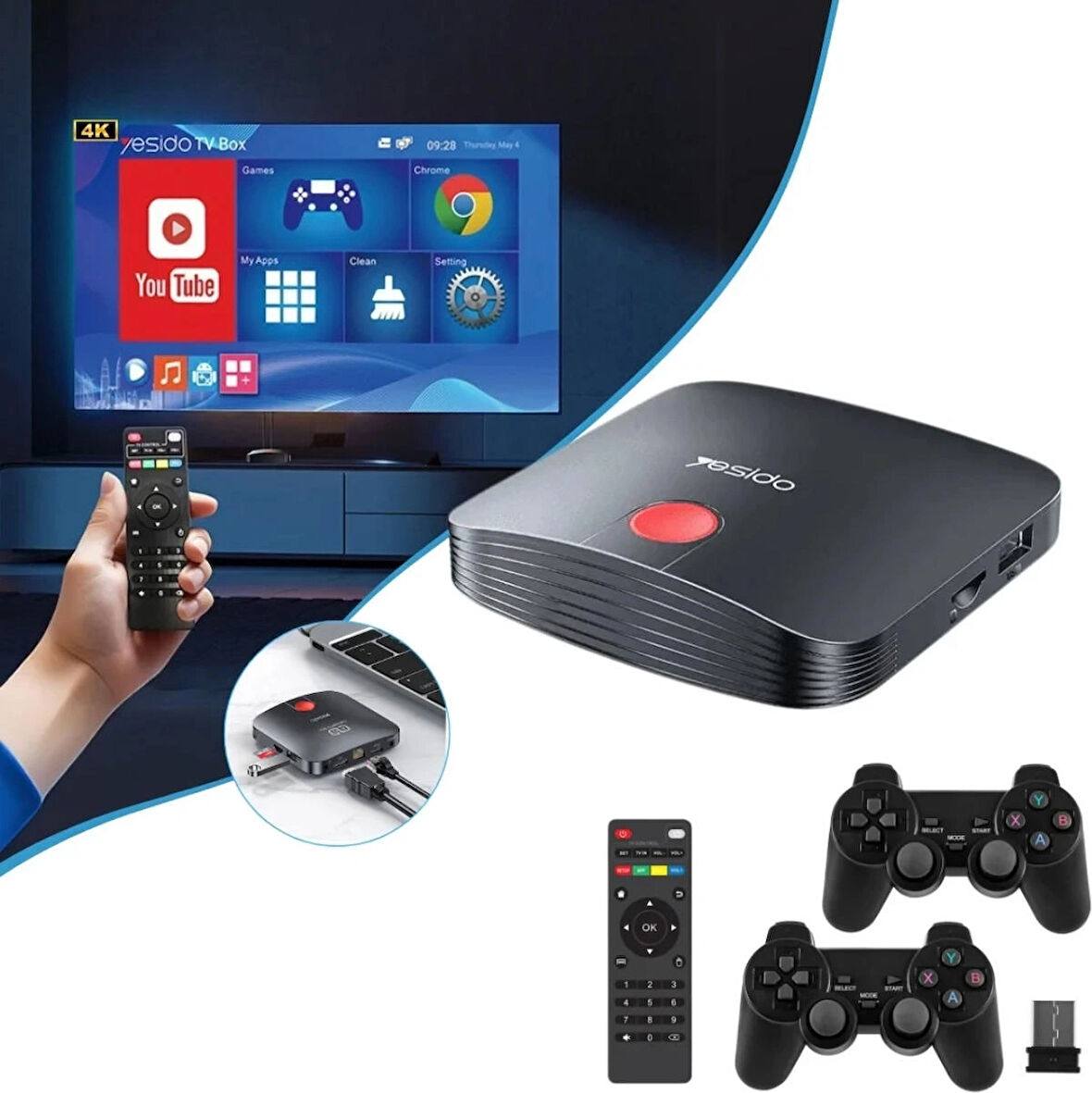 Yesido TV12 4K Wifi Android Tv Box + Game Box (2 Adet Oyun Konsol Kolu +10000 Adet Oyun Dahil)
