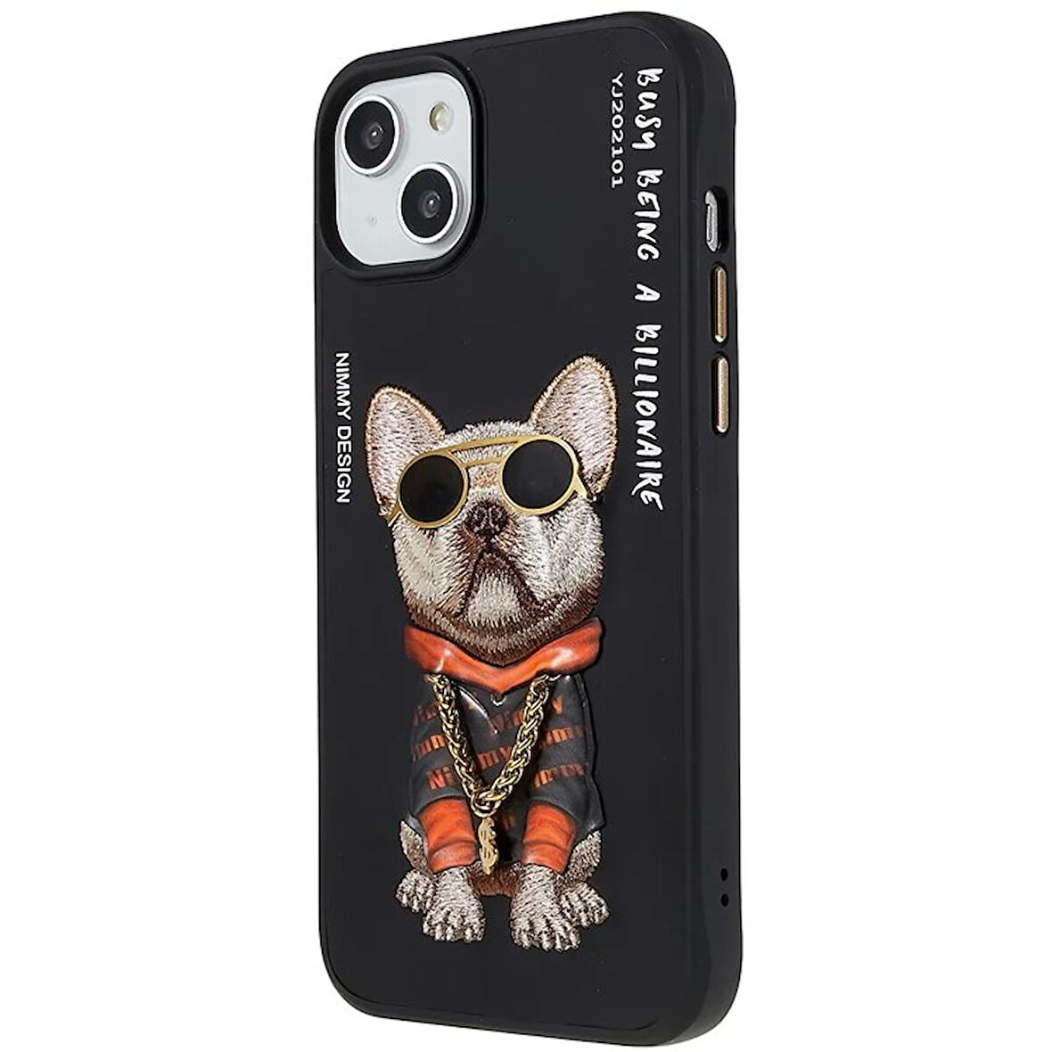 iPhone 15 Uyumlu 3D Gözlük Zincir Köpek Detaylı Nakış İşlemeli Kabartmalı Cool Glasses Kılıf