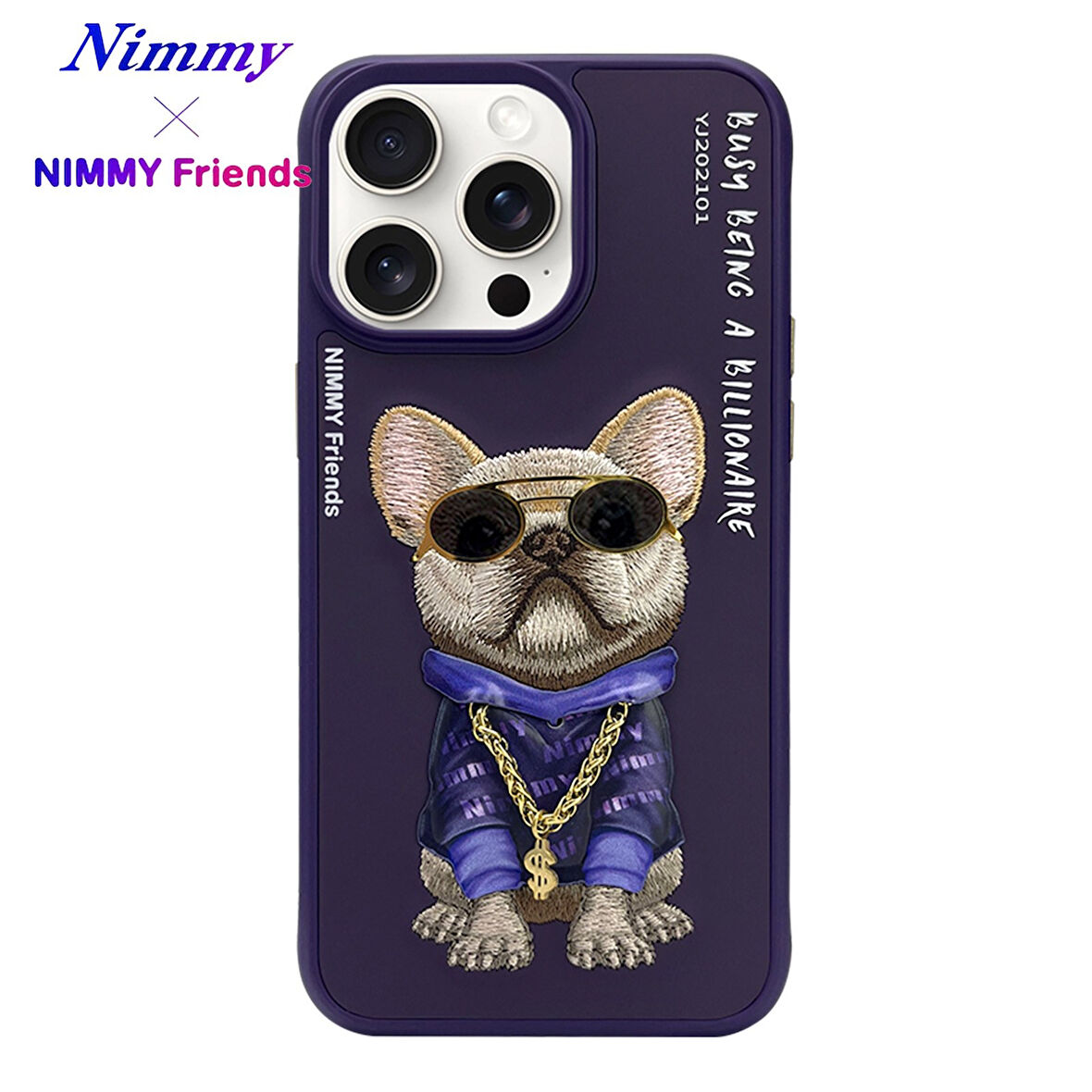 iPhone 15 Pro Uyumlu 3D Gözlük Zincir Mor Köpek Detaylı Nakış İşlemeli Kabartmalı Cool Glasses Kılıf