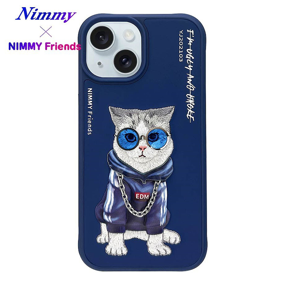 iPhone 15 Uyumlu 3D Gözlük Zincir Handsome Kedi Detaylı Nakış İşlemeli Kabartmalı Cool Glasses Kılıf