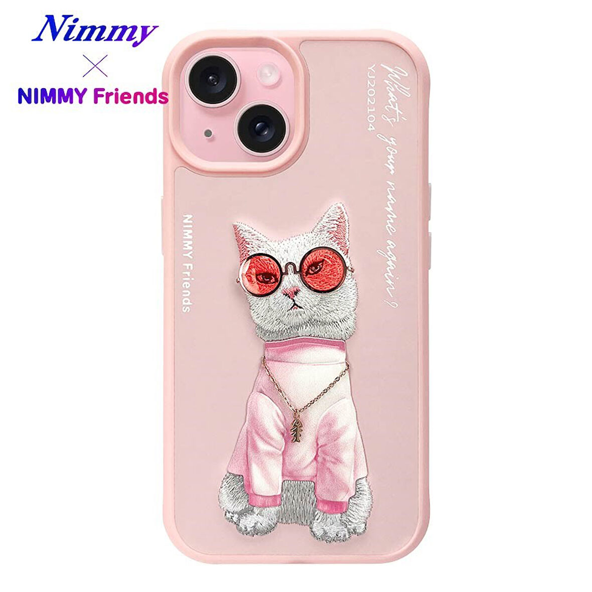 iPhone 15 Uyumlu 3D Gözlük Zincir White Kedi Detaylı Nakış İşlemeli Kabartmalı Cool Glasses Kılıf