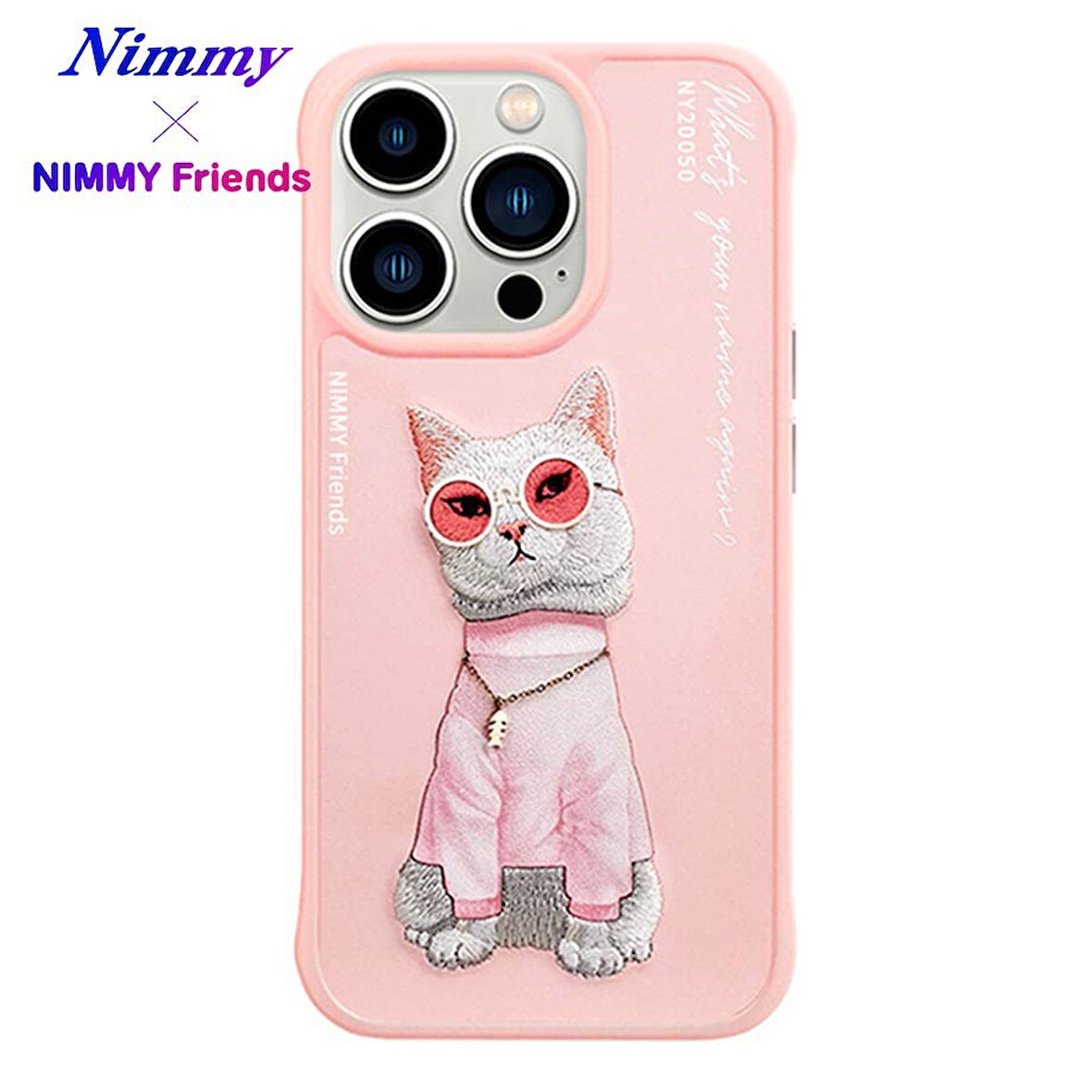 iPhone 15 Pro Max Uyumlu 3D Gözlük Zincir White Kedi Nakış İşlemeli Kabartmalı Cool Glasses Kılıf