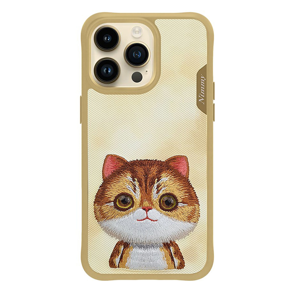 iPhone 15 Pro Uyumlu 3D Göz Golden Kedi Detaylı Gerçek Nakış İşlemeli Kabartmalı Big Eyes Kılıf