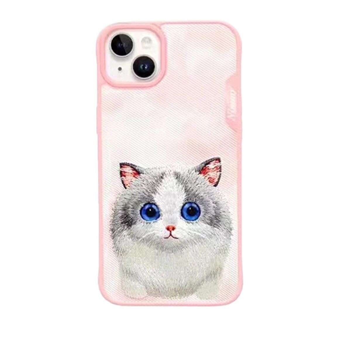 iPhone 15 Big Eyes Serisi Kedi Nakış Işlemeli 3D Detaylı Kılıf Pembe