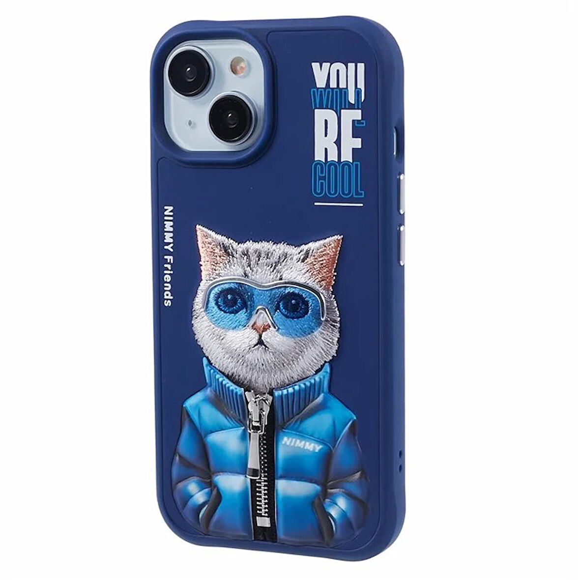iPhone 15 Uyumlu 3D Gözlük Fermuar Kedi Detaylı Nakış İşlemeli Kabartmalı Cool Cute Kılıf