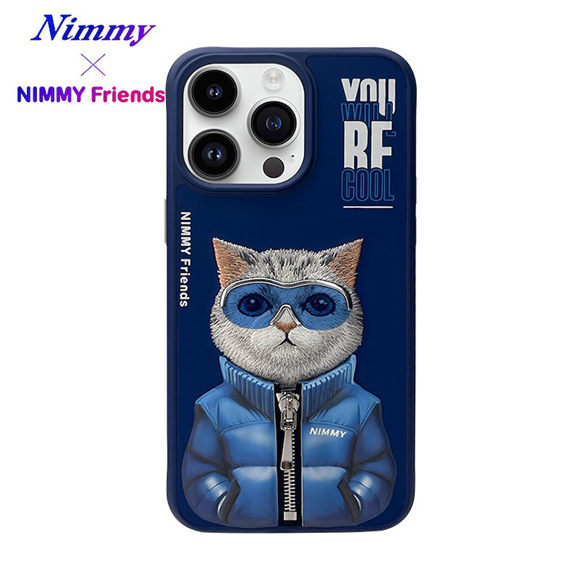 iPhone 15 Pro Max Uyumlu 3D Gözlük Fermuar Kedi Detaylı Nakış İşlemeli Kabartmalı Cool Cute Kılıf