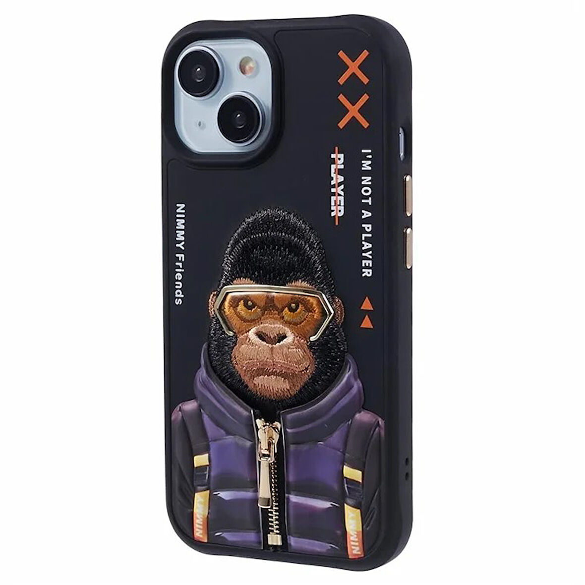 iPhone 15 Uyumlu 3D Gözlük Fermuar Goril Detaylı Nakış İşlemeli Kabartmalı Cool Cute Kılıf