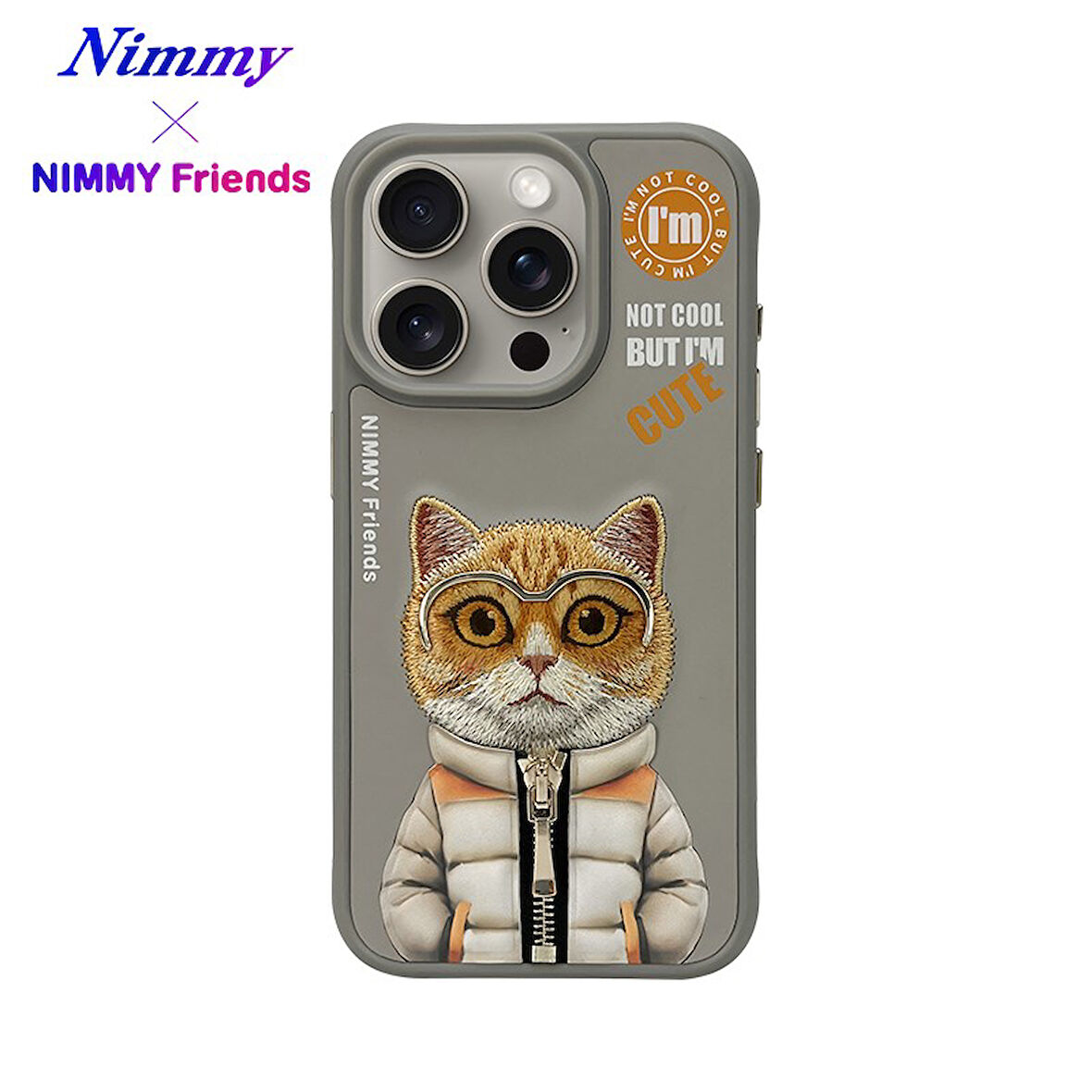 iPhone 15 Pro Max Uyumlu 3D Gözlük Fermuar Hipster Kedi Nakış İşlemeli Kabartmalı Cool Cute Kılıf