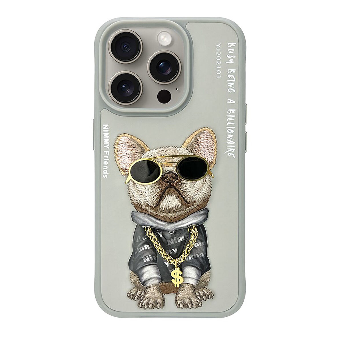 iPhone 15 Pro Max Uyumlu 3D Gözlük Dolar Zincir Köpek Nakış İşlemeli Kabartmalı Cool Glasses Kılıf